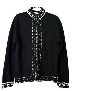 Alexandra Bartlett black 100% wool cardigan sweater embroidered Mock Neck‎ Large